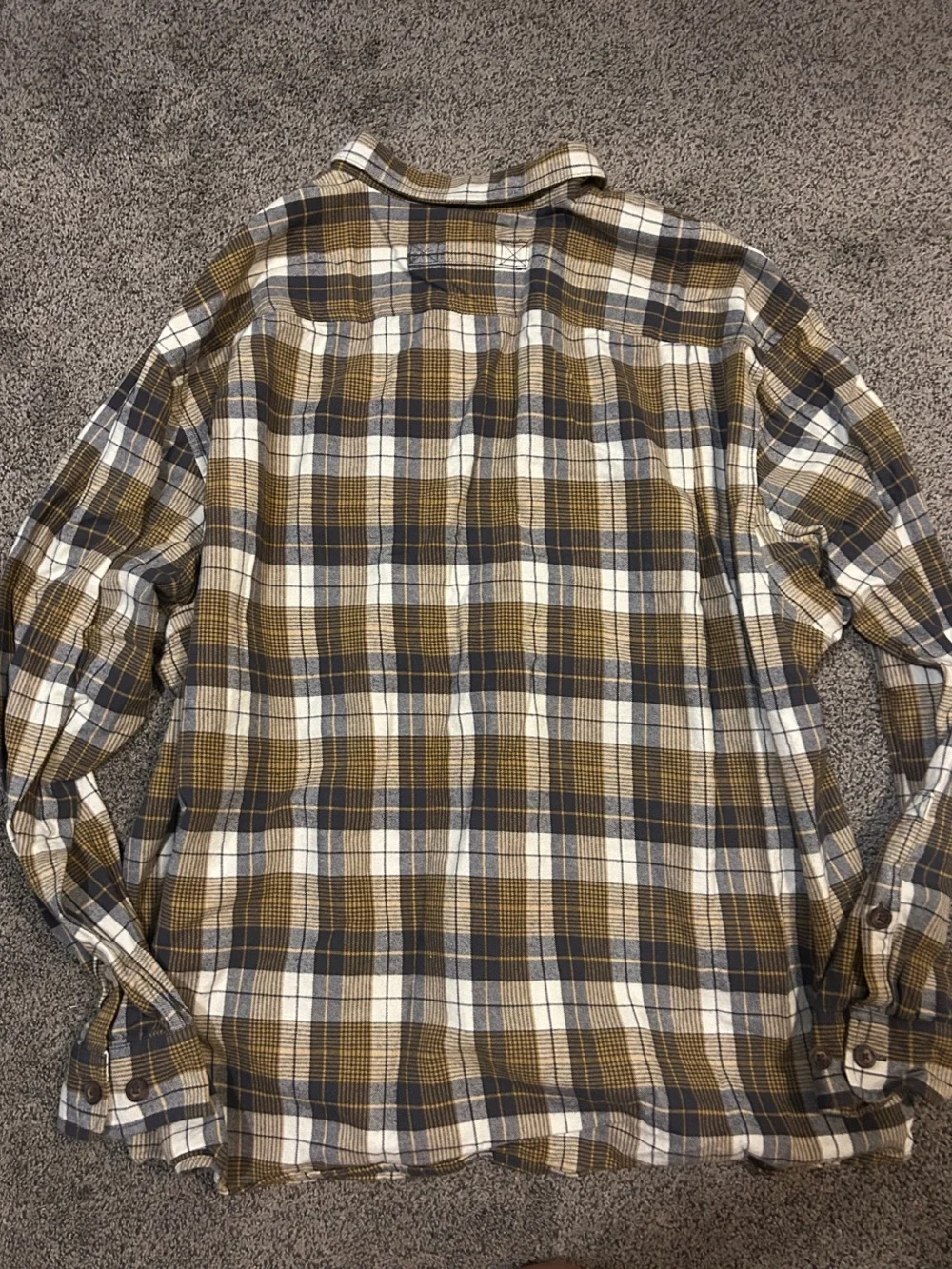 Duluth Trading Co Plaid Button-Down Shirt in Brown, White & Gray